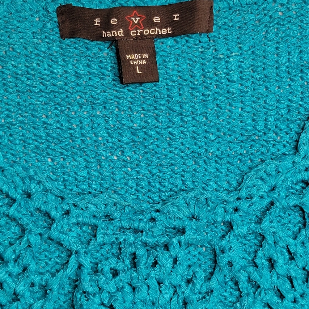 Fever hand crocheted cap sleeve top, size Large, turq, blue, green, & cream - Picture 3 of 6
